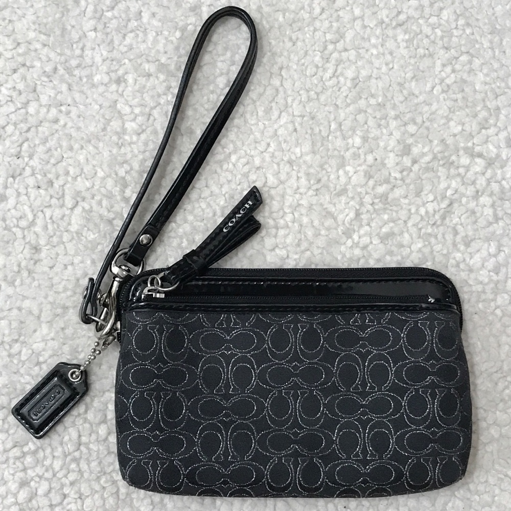 Coach Signature Wristlet Canvas Patent Leather Dark Grey Black Silver Double Zip